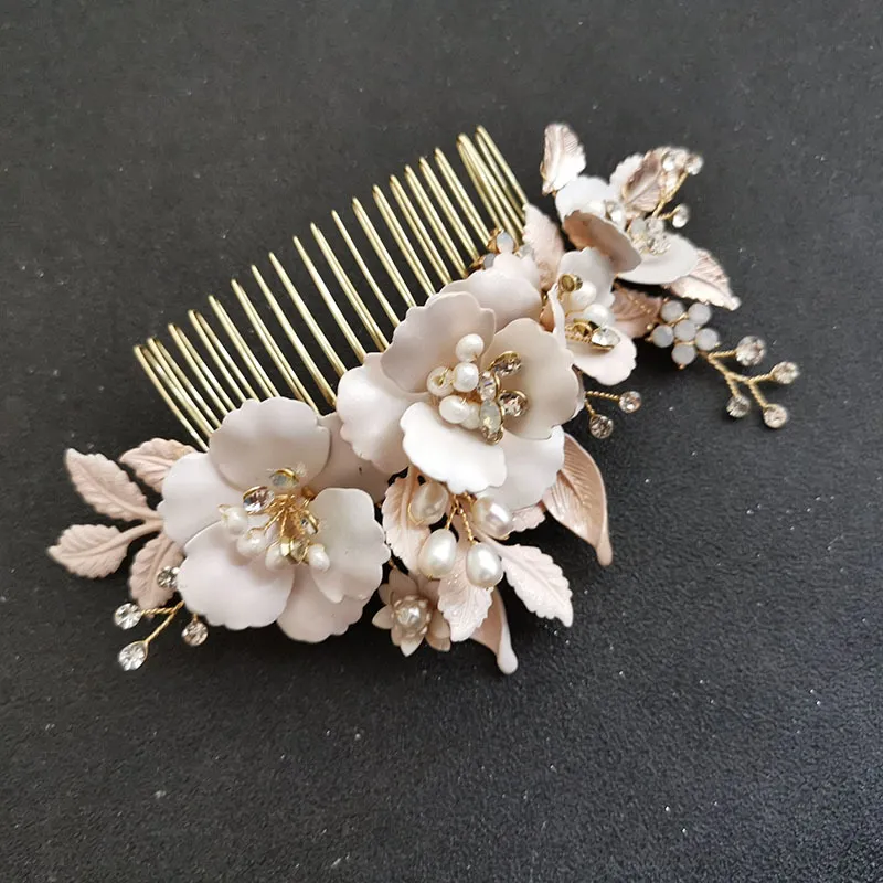 SLBRIDA fait à la main Ins Style alliage fleur feuille cristal strass peigne de mariée coiffure de mariage accessoire de cheveux femmes bijoux