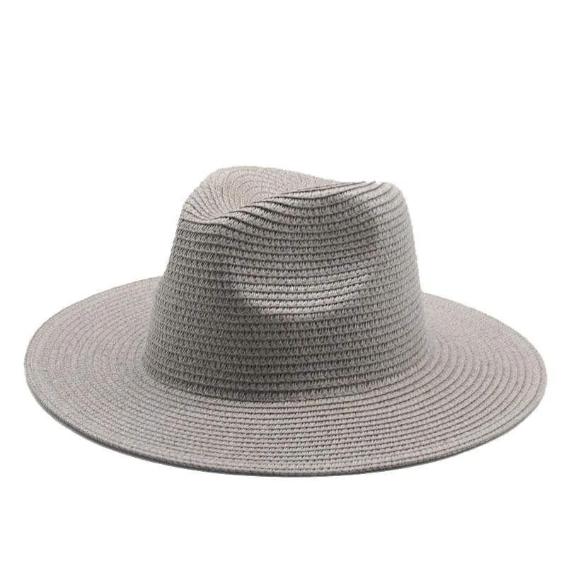 sommar kvinnor män bred rand solid jazz sol halm fedora hattar utomhus strand resa UV skyddande handgjorda