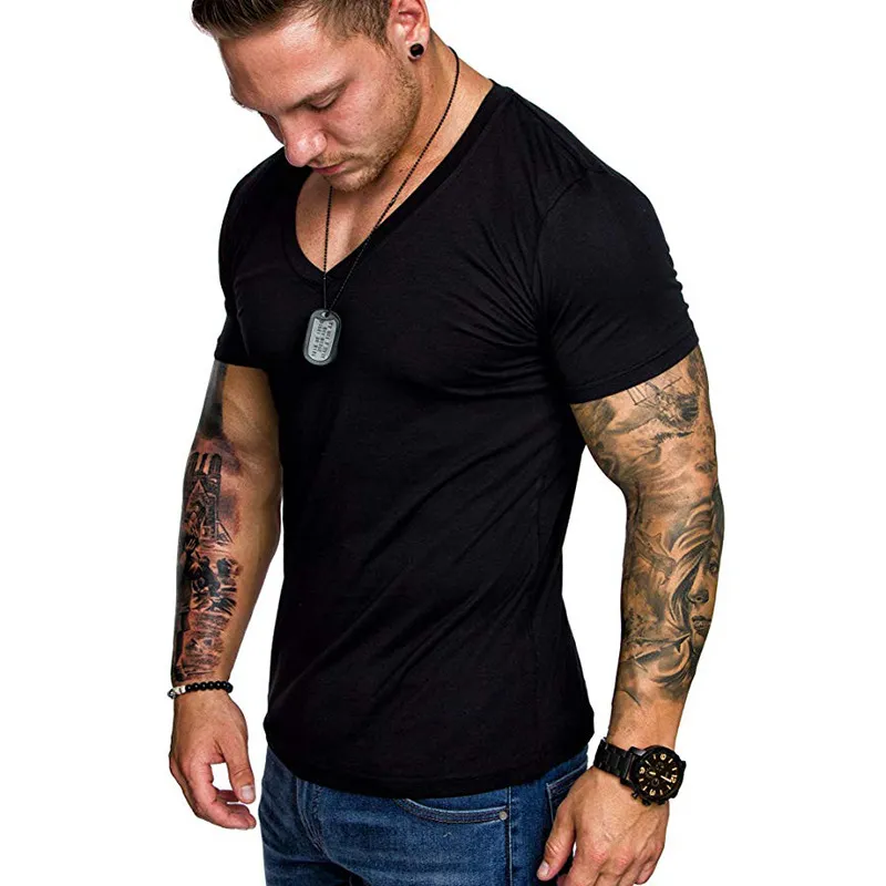 Casual fitness t-shirt mens ocasional v-pescoço de manga curta tshirt esportes fino ajuste camiseta masculino bodybuilding treino roupas de verão