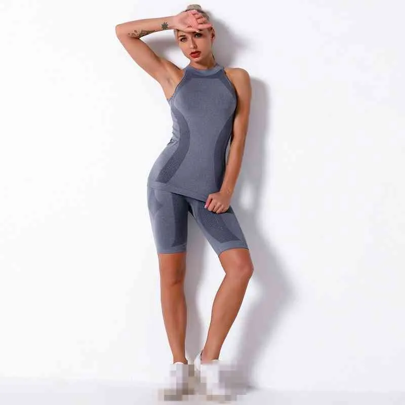 Summer Fitness Set Woman Sleeveless Skinny Yoga Vest Stretchy Running Top + Workout Shorts Seamless Gym Pants Mujer 210514