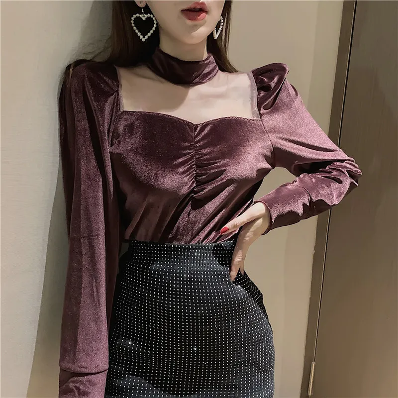 Solide Vintage Printemps Blouses Femmes Sexy Mode Coréenne Blusas Mujer Velour Plissé Ins Chemises Tops 14661 210415