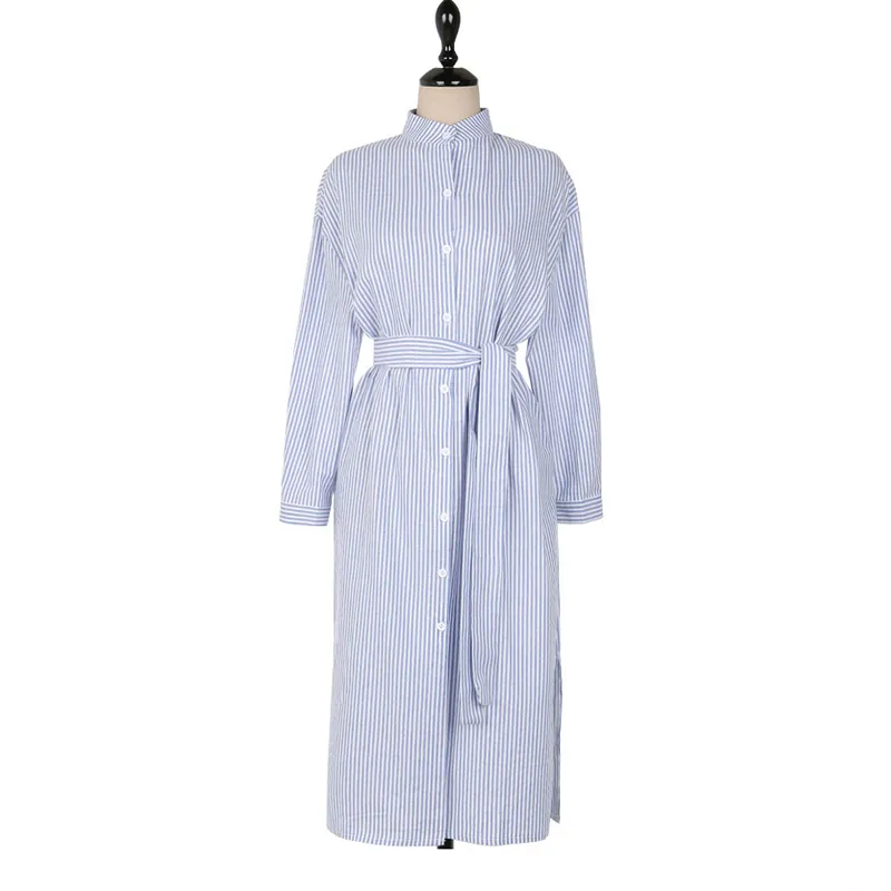Dames lente en herfst jurken slank blauw gestreept shirt dames rok Franse taille kleine mid-length jurk pl191 210506