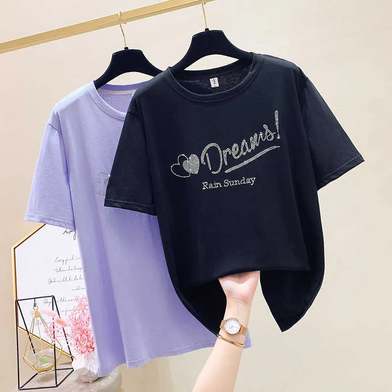 Плюс размер футболки дамы с коротким рукавом Tee женская лето Корея короткие топы футболка Tee Femme буква Diamond черная свободная футболка 210604