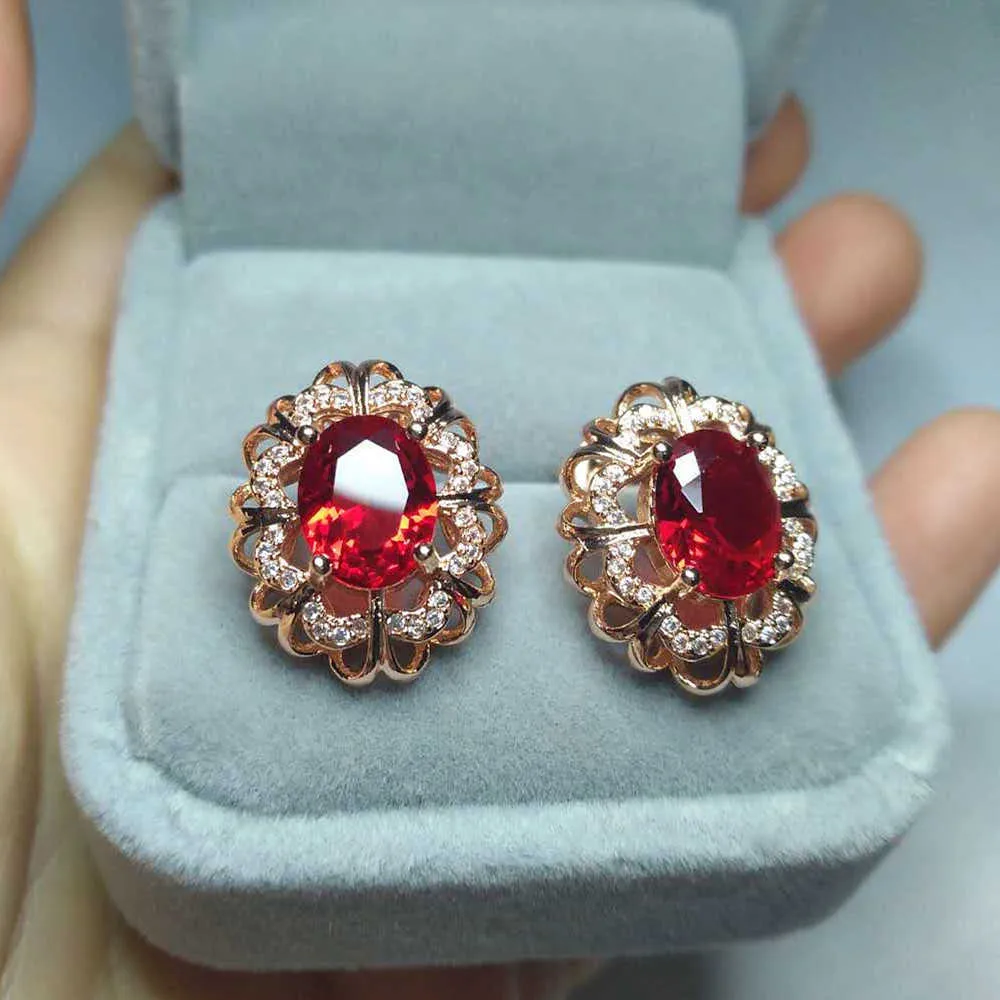 Ruby değerli taşlar kırmızı kristal zirkon elmas saplama küpeleri kadınlar için brincos 18k gül altın renk mücevher bijou noel hediye 24484958