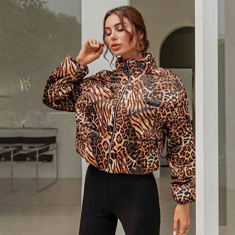 Winter Damska Leopard Parkas Print Jacket High Collar Ciepłe Krótkie Cotton-wyściełane ubrania Sexy Bawełna Wyściełana Kurtka Kobiety 210422
