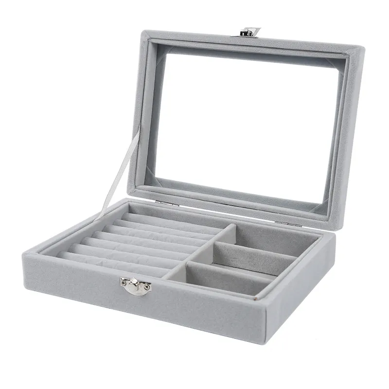 Caja organizadora de joyas con anillo de cristal de terciopelo de estilo europeo, estuche de almacenamiento con soporte para bandeja, estuche de exposición para decoración del hogar 20 15 5cm2534