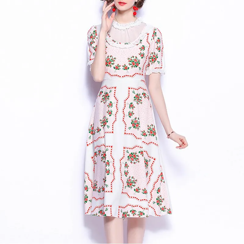 Französisches Vintage-Designer-elegantes florales Pingted-Kleid für Frauen, Patchwork, gerüschte Kurzarm-Túnicas Mujer, rosa Robe 210421