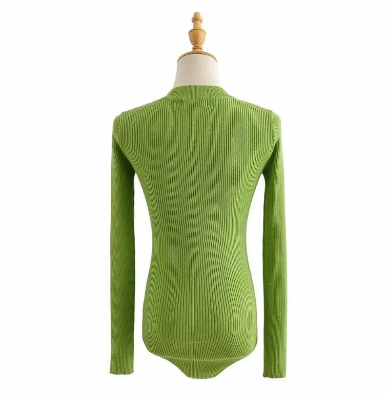 Sexy Vintage Knitting O neck Long sleeve Bodysuit Woman Skinny Tight Short Jumpsuit Slim fit Rompers Playsuits green 210429