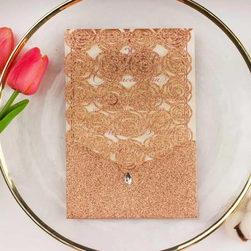 10x Rose Gold Silver Glitter Hollow Diamond Card Laser Cut Wedding Invitation Cards Greating Pocket Invite Party Birthday3110