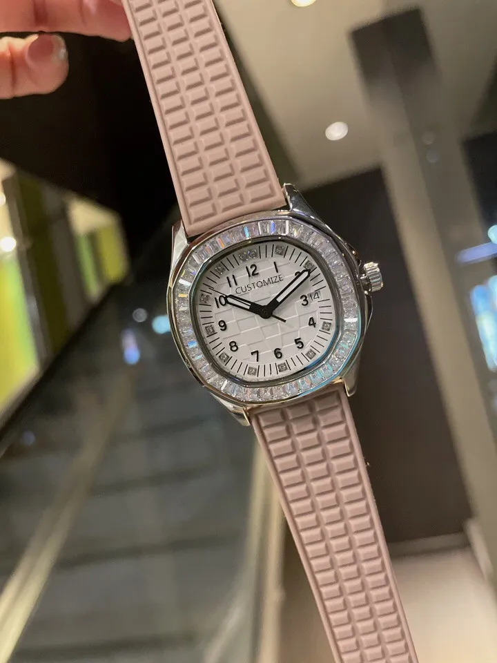 Винтажные женские кварцевые часы с ледяным бриллиантовым ободом, цифровые часы с силиконовым резиновым ремешком Aquanaunt, круглые восьмиугольные женские часы250q
