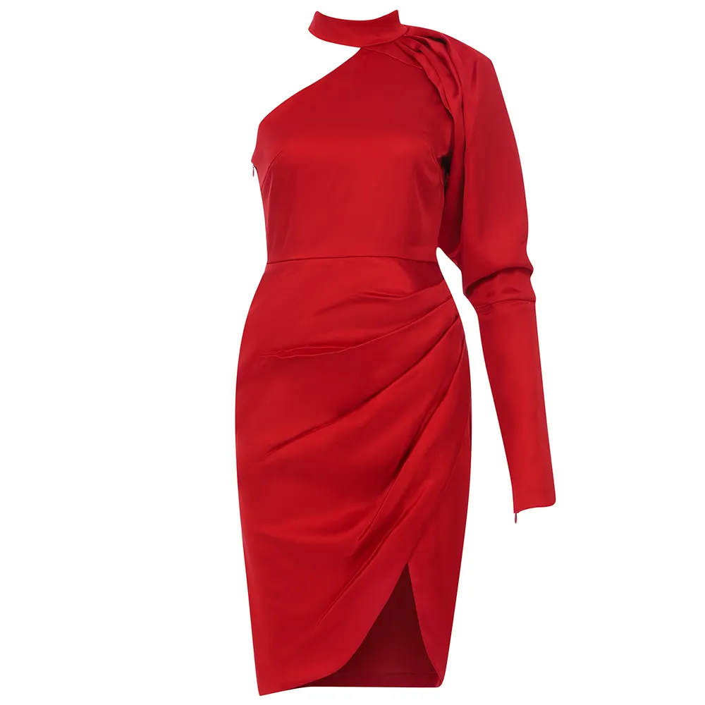 Le donne di moda vestono una spalla manica lunga rossa sexy aderente da sera club fodero mini 210515