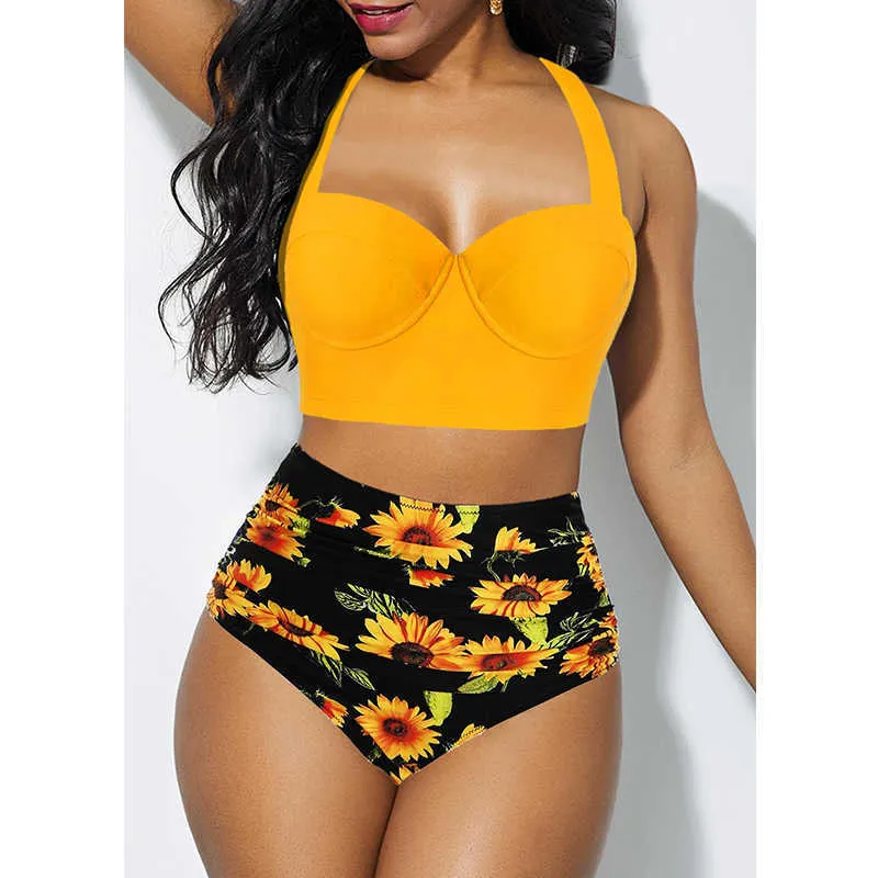 Sexy Plus Size Bikini Mulher High Waist Swimsuit Push Up Set Swimwear Feminino Banheira Terno Beachwear 5xL 210629