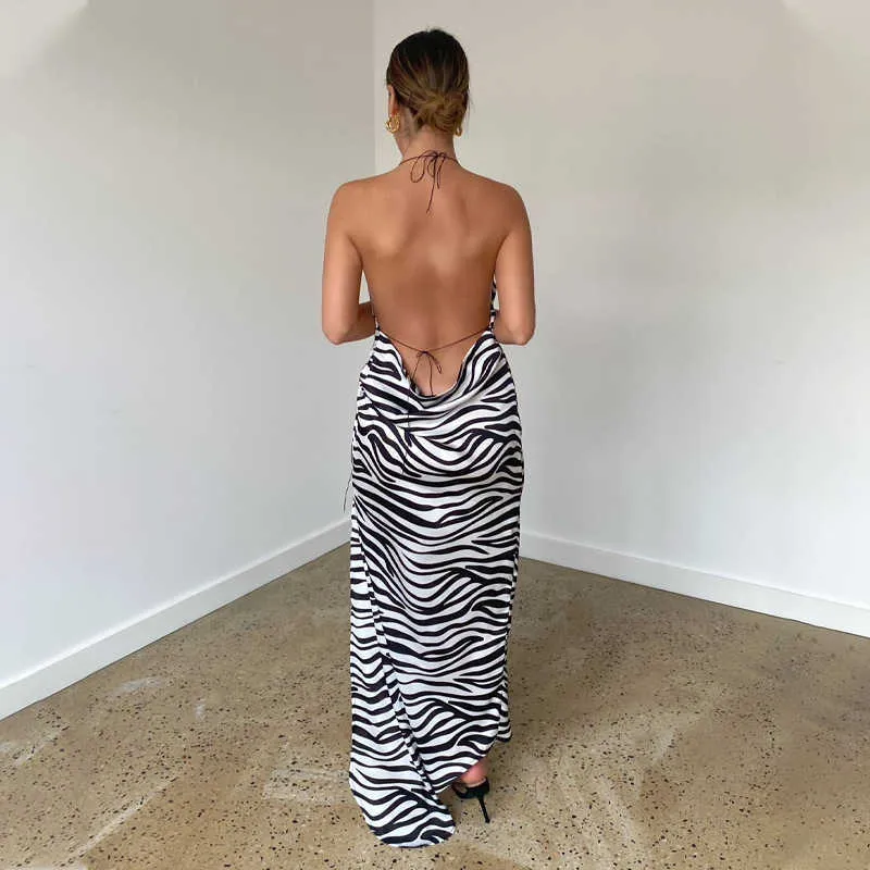 Zebra Print Satin Women Halter Midi Dress Sexy Deep V Slit Ruched Backless Lace Up Loose Casual Festival Party Club Summer 210526