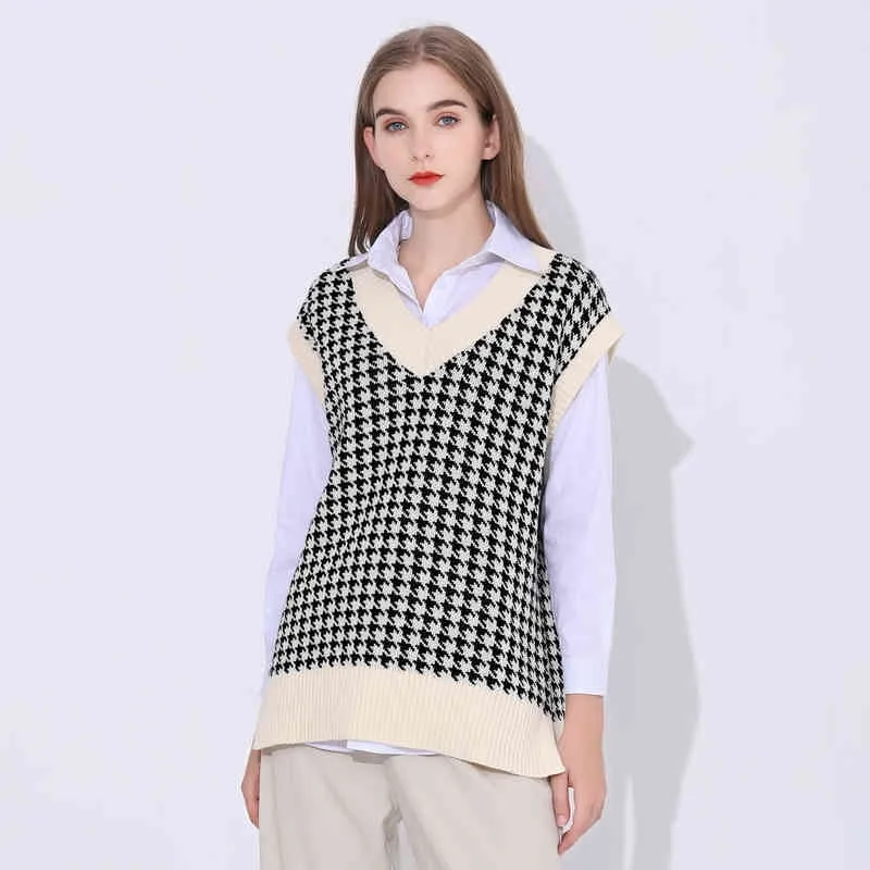 Oversized Houndstooth Knitted Vest Sweater Women Vintage Sleeveless Side Vents Female Waistcoat Chic Tops Fashion Women Pullover 210419