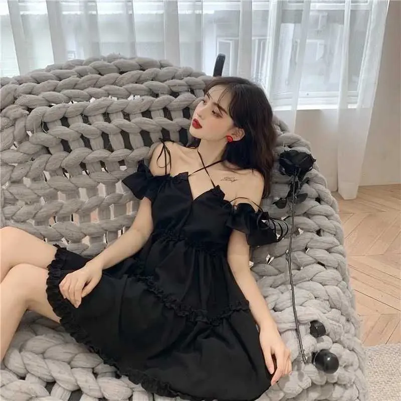 Femmes robe démon fille original noir printemps et automne sexy taille haute femme robe épaule robe gothique à manches longues A085 210630