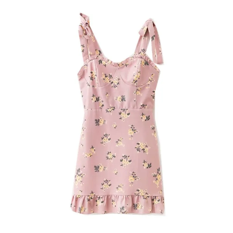 Vintage French Style Różowy Kwiatowy Druku Kobiety Sukienka Tie Łuk Pasek Bez Rękawów Mini Sexy Beach Holiday 210429