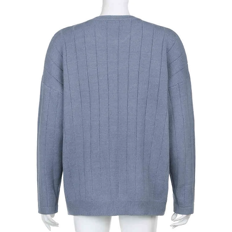 Y2K Korean Harajuku Gestreifter V-Ausschnitt Blau Pullover Damen Frühling Casual High Street Lose Langarm Strickpullover Strickwaren Top 210515