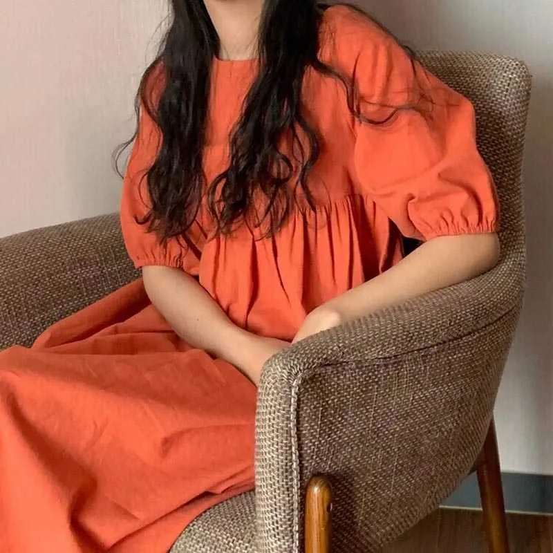 Korejpaa Women Dress Summer Korean Chic Ladies Niche Orange Round Neck Open Back Lace Pleated Loose Puff Sleeve Vestidos 210526