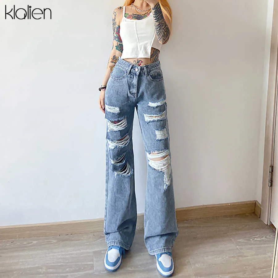 Klalien Street Casual Drapeau Lâche Taille Haute Taille Bleu Solide Coton Jeans Femmes Office Lady Lady Jambe Jeune Jeans Automne Tissu Pantalon H0908