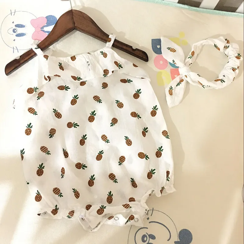 Summer 0-2 years baby girls thin soft ruffled slip romper with hair band all-match casual floral jumpsuit 210508
