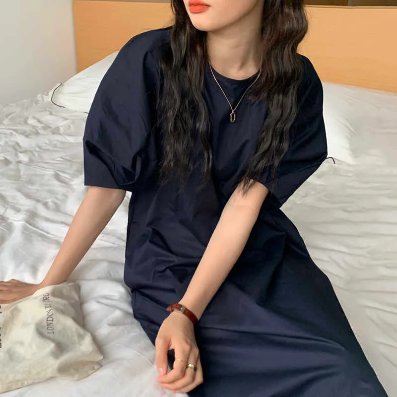 Korejpaa Dames Jurk Zomer Koreaanse Chique Vrouwelijke Minimalistische All-Match Ronde hals Losse Candy Color Design Puff Seve Vestidos 210526