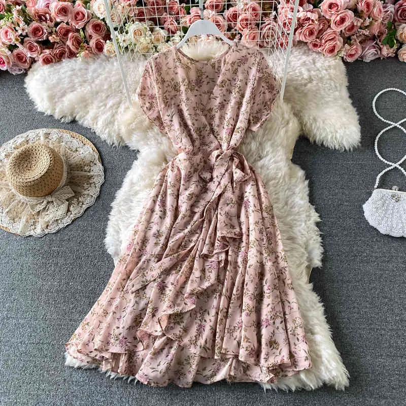 Sommer Rüschen Midi Strandkleid Frauen Blumendruck hohe Taille Boho Vintage Damen sexy Rüschen weiblich 210420