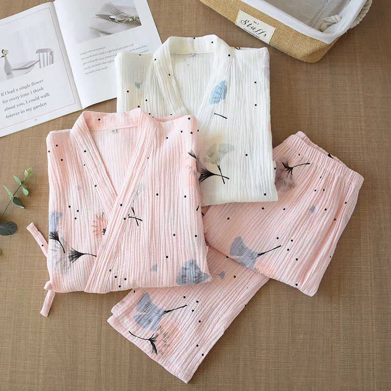 Spring and Summer Pure Cotton Yarn Kimono Pajamas V-Neck Printing Plus Size Pijama Mujer Loungewear Women Sleepwear 210809