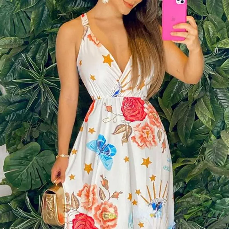 Summer Women V-neck Low Cut Sleeveless Dress Beach Style Full Length Dresses High Waist Beige Printing Slip Dress Y1006