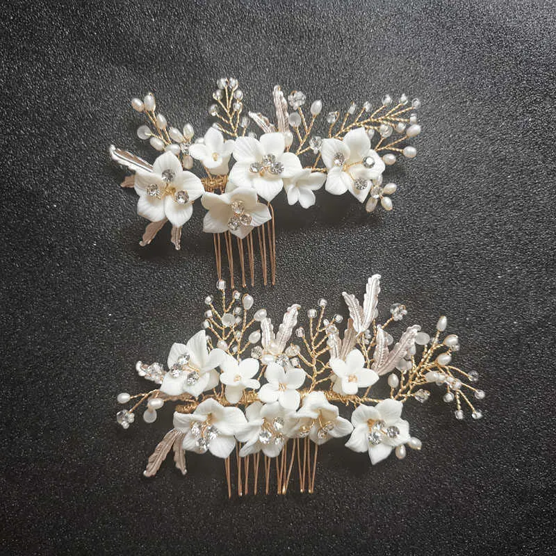 SLBRIDAL Handmade Crystal Rhinestones Freshwater Pearls Ceramic Flower Wedding Hair Comb Bridal Hair Accessories Women Jewelry X0625