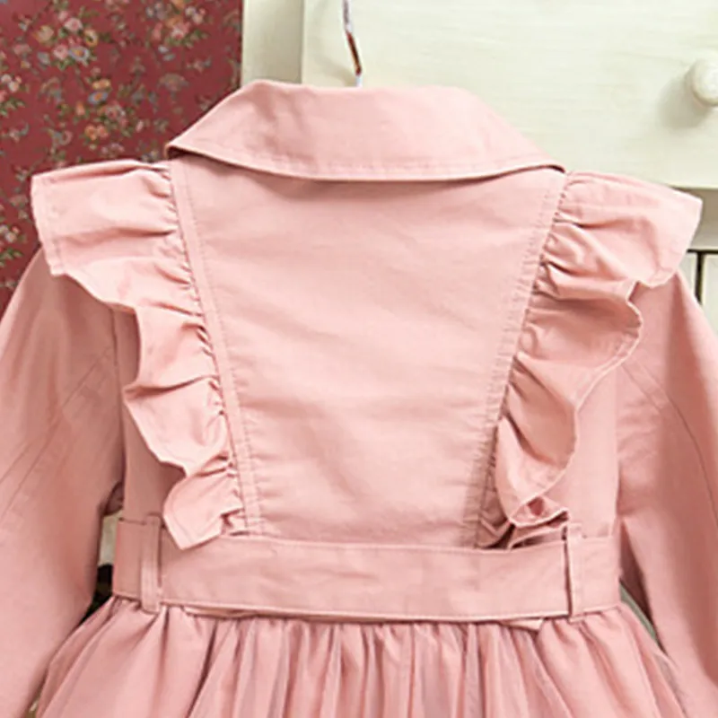 Dziewczyny Sukienki Jesień Dzieci Odzież Długi Rękaw Ruffled Lapel Princess Dress Big Kids Windbreaker 5-13Y 210515