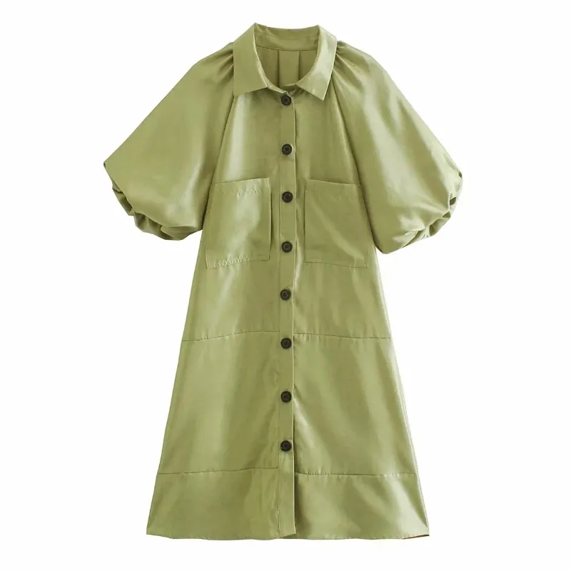 Spring Women Lantern Sleeve Mini A-Line Dress Female Patch Pocket Clothes Casual Lady Loose Vestido D7138 210430