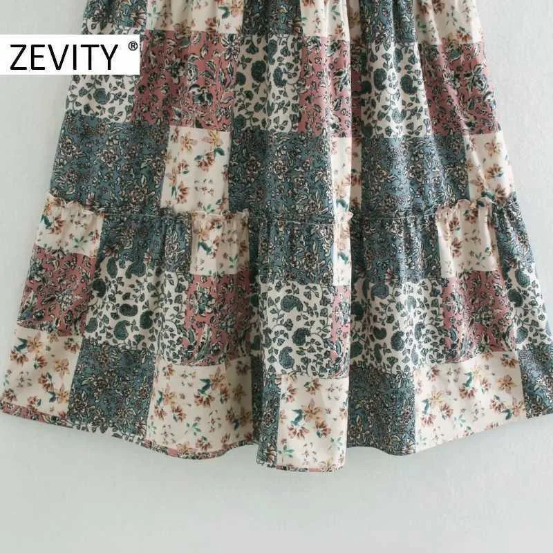 Zevity Women Vintage Koronki Agielskie V Neck Cloth Patchwork Print Casual Slim Sukienka Kobiet Rękaweres Vestido Sukienki Chic DS4503 210603