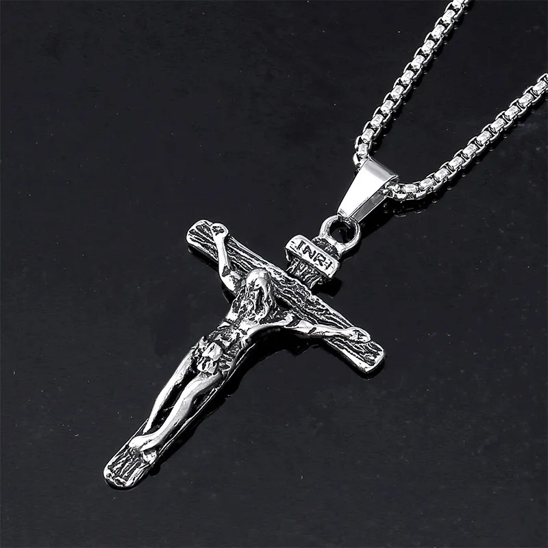 Collier pendentif unisexe en acier inoxydable pour hommes, croix chrétienne, Crucifix, jésus, Patron, avec chaîne Rolo, 2478