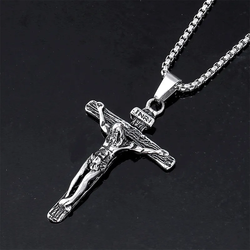 Unisex-Herren-Halskette mit Anhänger aus Edelstahl, christliches Kreuz, Kruzifix, Jesus, Schutzpatron, mit Rolo-Kette2478