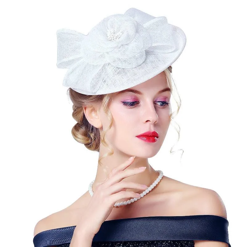 Cappelli a tesa larga Copricapo di lino da donna britannico Business Elegante cappello a cilindro Cena Festa di nozze Pografia Fascia da sposa all'ingrosso