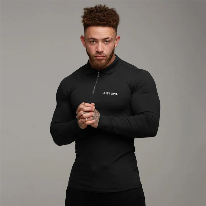 Nouveau automne marque polos hommes coton à manches longues slim fit polos chemise décontractée mode couleur unie gym fitness vêtements 210421