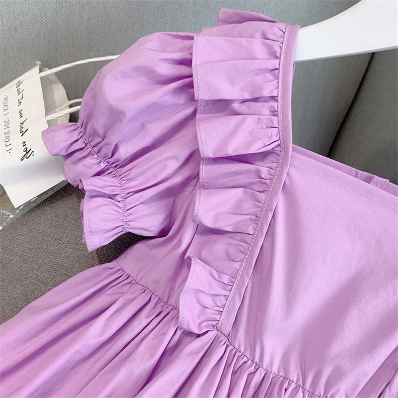 Été filles robe mode enfants vêtements manches bouffantes à volants princesse mignon violet enfants avec arc 210515