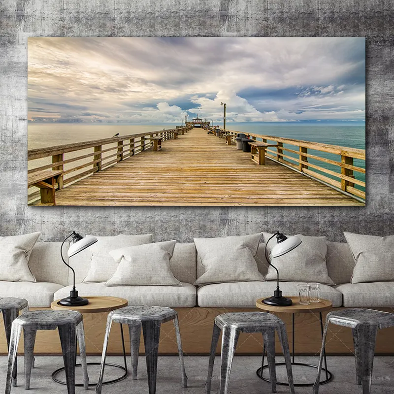 Peinture sur toile de paysage de plage, décorations d'intérieur, pont en bois, images d'art murales pour salon, décoration de maison, imprimés de coucher de soleil sur la mer, 7284503