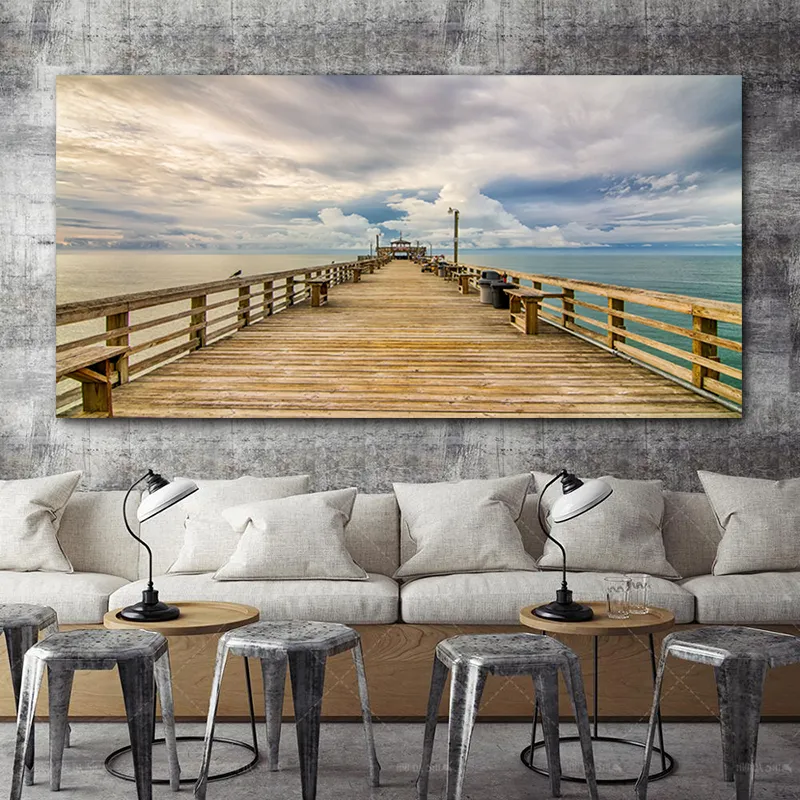 Pintura en lienzo de paisaje de playa, decoraciones interiores, puente de madera, imágenes artísticas de pared para sala de estar, decoración del hogar, impresiones de atardecer marino