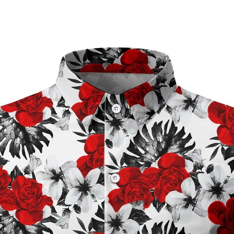 Rose Floral Print Mężczyźni Hawajska Koszula Dorywczo Slim Fit Summer Koszule Dla Męskie Przycisk Lapel Holiday Beach Koszulki Męskie Camisa 210524