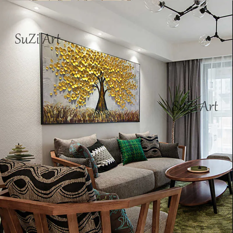 100 fait à la main grand or argent arbre peinture paysage moderne peinture à l'huile sur toile mur Art photo pour décor de bureau à domicile 2109279830873