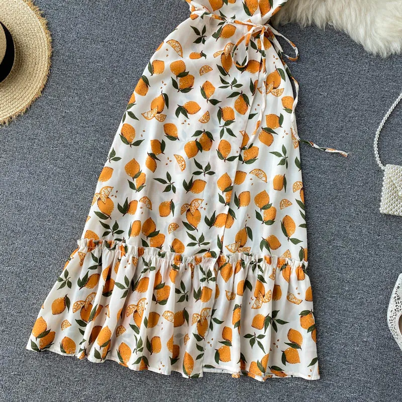 Fransk Orange Skriv ut Wrap Klänning Kvinnor Retro Sweet Puff Sleeve Ruffles Klänning Höst Bohemian A-Line Holiday Beach Dress 210419