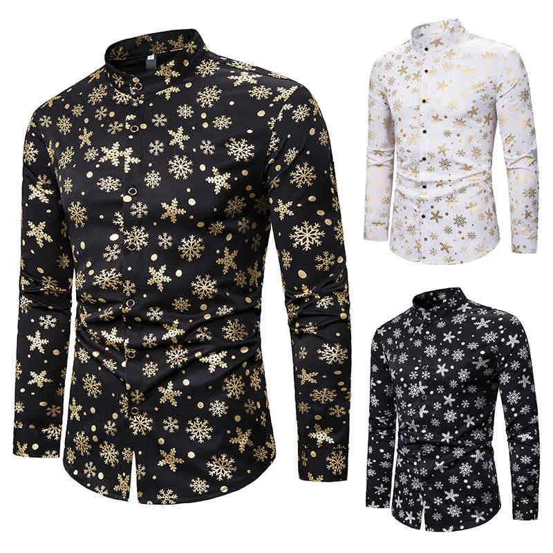 Noël hommes chemise col debout chemise noire hommes bronzant flocon de neige chemises hommes robe Costumes de fête hommes à la mode Streetwear 210524