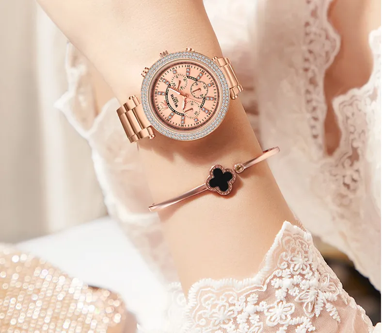 Pasek ze stali nierdzewnej Lignt luksusowe eleganckie zegarki damskie idealne moment pełny diamentowy okrągły kwarc Rose złot