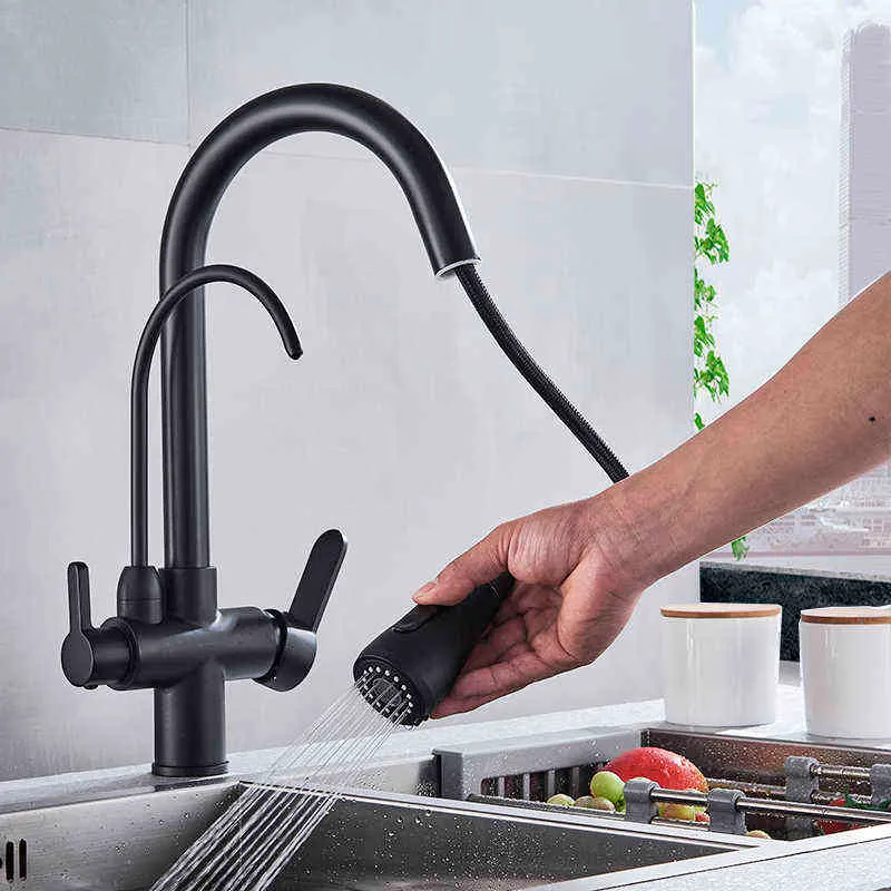 Mattsvart rent vatten Köksblandare Dubbla handtag och kallt dricksvatten Utdragbar köksblandare 211108