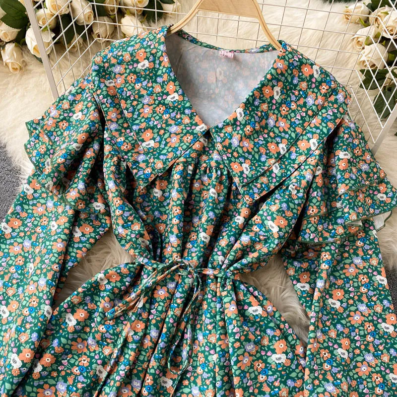 Printemps européen américain Floral Vestidos femme poupée col manches bouffantes couture à volants mince Mini robe C728 210506