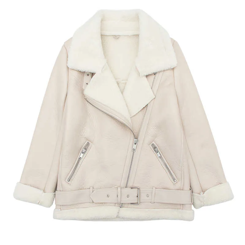 Ly Varey Lin Femmes Beige Fourrure Faux Cuir Veste Manteau Turn Down Collier avec ceinture épais chaud agneau surdimensionné vêtements d'extérieur 210526