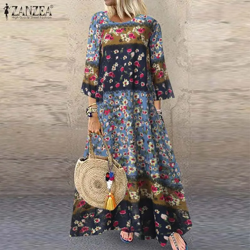 ZANZEA Vestido de primavera Tallas grandes Mujeres 3/4 Manga Bohemio Estampado floral Vestidos de fiesta de algodón Vestidos de verano Vestidos Túnica femenina X0521