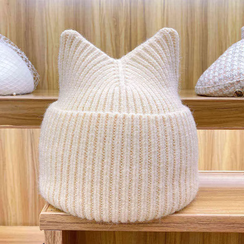 Gorro de punto casual para mujer Invierno Lindo Meow Kitty Mujer Gorro de lana cálido Gorro de punto hecho a mano Negro Amarillo Beige Rosa 211119