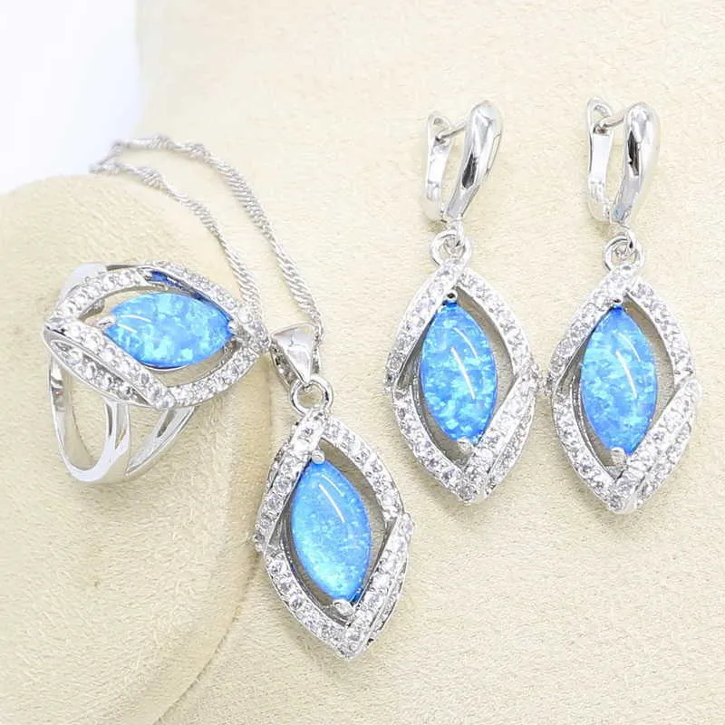 Brincos de Opal Azul Brincos Colar Pingente Anel de Prata Jóias De Jóias Para As Mulheres Luz Azul Crystal Bracelet Presente H1022